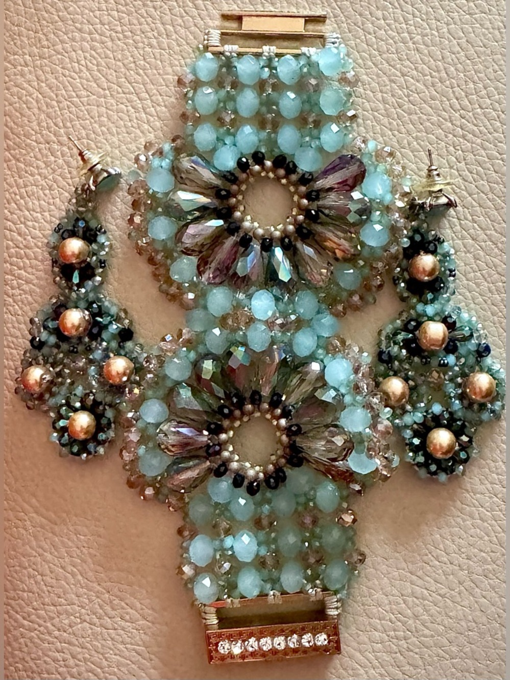 Handmade Aqua Beaded Statement Bracelet and Earring Set